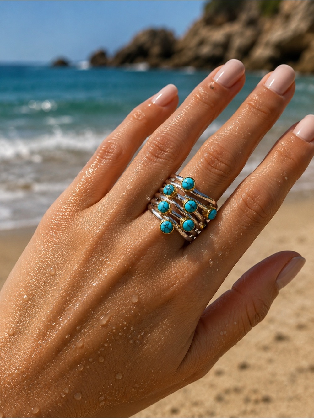 Turquoise ring Multi-Band Wrap Silver Tone Boho Statement